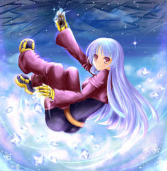 Rule 34 | 1girl, blue hair, bodysuit, boots, breasts, crystal, gloves, ice, kula diamond, long hair, medium breasts, puracotte, purple bodysuit, red eyes, shooting star, snk, snowflakes, solo, the king of fighters, thighhighs