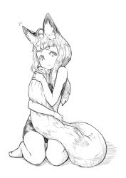Rule 34 | 1girl, ahoge, animal ear fluff, animal ears, barefoot, blunt bangs, fox ears, fox girl, fox tail, greyscale, hugging own tail, hugging tail, jaco, kneeling, long hair, looking at viewer, monochrome, motion lines, original, shorts, sketch, solo, tail, thick eyebrows, white background
