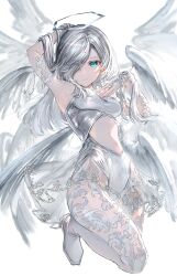 Rule 34 | 1girl, absurdres, angel, angel wings, arm up, armpits, blue eyes, boots, breasts, clothing cutout, commentary request, expressionless, full body, gawako, grey hair, hair over one eye, halo, hand in own hair, hand on own chest, high heel boots, high heels, highres, knee boots, leotard, light frown, long hair, looking at viewer, medium breasts, midriff, navel, navel cutout, original, pantyhose, see-through, simple background, solo, white background, white footwear, white leotard, white pantyhose, white wings, wings