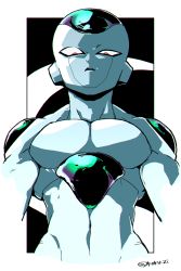Rule 34 | 1boy, black background, commentary, dragon ball, dragonball z, expressionless, frieza, from below, kokusoji, looking at viewer, male focus, red eyes, serious, shaded face, simple background, solo, standing, tail, twitter username, two-tone background, upper body, white background