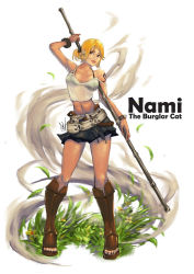 Rule 34 | 1girl, arm up, bare shoulders, belt, black skirt, boots, bra, bracelet, breasts, brown footwear, character name, collarbone, crop top, female focus, full body, grass, holding, holding weapon, jewelry, knee boots, looking at viewer, midriff, miniskirt, nami (one piece), navel, one piece, orange hair, revealing clothes, shirt, shoes, short hair, simple background, skirt, sleeveless, sleeveless shirt, solo, staff, standing, strap slip, tattoo, toeless footwear, toes, underwear, weapon, white background, white shirt, wind
