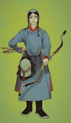 Rule 34 | 1boy, absurdres, arrow (projectile), black footwear, black hair, bow (weapon), braid, brown eyes, full body, green background, hat, highres, holding, holding arrow, holding bow (weapon), holding weapon, long hair, looking at viewer, male focus, mongolian clothes, mossacannibalis, original, parted lips, simple background, solo, standing, traditional clothes, twin braids, weapon