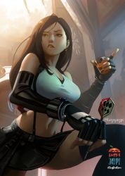 Rule 34 | 1girl, absurdres, alcohol, bar (place), black gloves, black skirt, black sports bra, black thighhighs, bracelet, breasts, brown eyes, brown hair, crop top, cup, dart, dartboard, earrings, elbow gloves, final fantasy, final fantasy vii, final fantasy vii remake, fingerless gloves, gloves, highres, holding, holding cup, indoors, jewelry, kuya jaypi, large breasts, leg up, lips, long hair, low-tied long hair, materia, miniskirt, navel, nose, shirt, skirt, solo, sports bra, suspender skirt, suspenders, swept bangs, tank top, taut clothes, taut shirt, thighhighs, tifa lockhart, toned, whiskey, white tank top