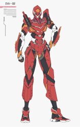 Rule 34 | arm at side, armor, character name, clenched hand, commentary request, ctpt9r, eva 02, evangelion (mecha), extra eyes, full body, green eyes, hand on own hip, high tops, highres, looking at viewer, mecha, mecha focus, neon genesis evangelion, power armor, red footwear, redesign, robot, science fiction, shoes, simple background, sneakers, solo, standing, white background