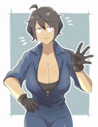 Rule 34 | 1girl, black gloves, black hair, blue jumpsuit, breasts, cowboy shot, gloves, half-closed eyes, hand on own hip, indie virtual youtuber, jumpsuit, kataochi chuuko, large breasts, looking at viewer, open jumpsuit, outline, shiitakeya1103, short hair, smile, solo, tomboy, virtual youtuber, white outline, zipper pull tab