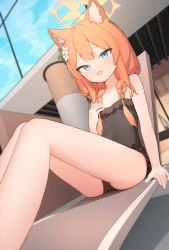 Rule 34 | absurdres, animal ear fluff, animal ears, black one-piece swimsuit, blue archive, blue eyes, blush, breasts, chair, doribae, flower, foreshortening, frilled one-piece swimsuit, frilled swimsuit, frills, hair flower, hair ornament, halo, highres, indoor pool, indoors, legs, lounge chair, mari (blue archive), one-piece swimsuit, orange hair, poolside, small breasts, swimsuit, thighs