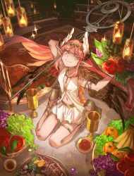 Rule 34 | 1girl, alcohol, apple, bad id, bad pixiv id, candlestand, circe (fate), cup, fate/grand order, fate (series), fish, food, from above, fruit, gradient eyes, head wings, highres, meat, multicolored eyes, pineapple, pink hair, plate, pointy ears, shichigatsu, sitting, solo, sparkle, staff, wariza, wine, wings