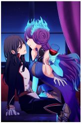 Rule 34 | ajie (changemyself), alcohol, arm around waist, bare shoulders, black hair, breasts, brighid (xenoblade), brown eyes, center opening, chest jewel, cup, dress, drinking glass, elbow gloves, eye contact, fiery hair, gloves, highres, holding, holding cup, imminent kiss, indoors, large breasts, long hair, long sleeves, looking at another, morag ladair (xenoblade), night, no headwear, no headwear, purple dress, purple eyes, purple hair, sideboob, sitting, unusually open eyes, very long hair, white gloves, window, wine, wine glass, xenoblade chronicles (series), xenoblade chronicles 2, yuri