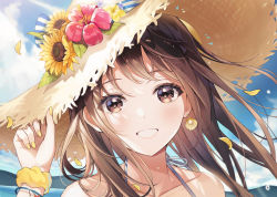 Rule 34 | 1girl, :d, blue sky, bracelet, brown eyes, brown hair, collarbone, day, earrings, flower, grin, hair blowing, hand on headwear, hat, hat flower, hat ribbon, hibiscus, highres, jewelry, long hair, looking at viewer, mountainous horizon, nail polish, ocean, open mouth, original, outdoors, petals, portrait, ribbon, scrunchie, shell, shell earrings, sky, smile, solo, straw hat, sun hat, sunflower, wrist scrunchie, yuna (deadawon)