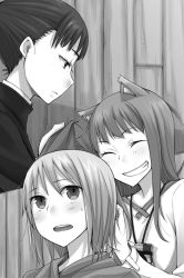 Rule 34 | 1boy, 2girls, androgynous, animal ears, ayakura juu, elsa schtingheim, closed eyes, greyscale, grin, holo, long hair, monochrome, multiple girls, novel illustration, official art, pouch, shirt, short hair, smile, spice and wolf, tote col, trap, wolf ears