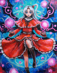 Rule 34 | 1girl, blue eyes, boots, capelet, dress, hair bobbles, hair ornament, long hair, oil painting (medium), painting (medium), revision, shinki (touhou), side ponytail, silver hair, solo, tafuto, touhou, touhou (pc-98), traditional media, wings