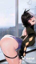 Rule 34 | 1girl, animated, ass, ass focus, ass shake, back cutout, black hair, bouncing ass, breasts, clothing cutout, from side, gif artifacts, green eyes, green lips, hands on own knees, highres, leotard, looking at viewer, medium breasts, multicolored hair, nyantcha, purplemantis, short shorts, shorts, solo, standing, thick thighs, thigh strap, thighs, twerking, two-tone hair, upper body, video, white hair, wide hips, yorra villeneuve (nyantcha)