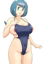 Rule 34 | 1girl, areola slip, blue eyes, blue hair, blunt bangs, breasts, covered erect nipples, covered navel, creatures (company), female focus, game freak, hairband, highres, lana&#039;s mother (pokemon), looking at viewer, mature female, navel, nintendo, nipples, one-piece swimsuit, pokemon, pokemon (anime), pokemon sm (anime), pubic hair, pubic hair peek, shiny skin, simple background, swimsuit, tof