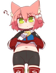 Rule 34 | 1girl, 7th dragon, 7th dragon (series), ?, animal ear fluff, animal ears, belt, belt buckle, bike shorts, black shorts, blue jacket, blush, buckle, cat ears, closed mouth, clothes lift, fighter (7th dragon), gloves, green eyes, hair between eyes, hair bobbles, hair ornament, harukara (7th dragon), highres, jacket, jacket lift, lifting own clothes, long sleeves, naga u, navel, one side up, pink hair, red gloves, short shorts, shorts, simple background, solo, standing, stomach, striped clothes, striped thighhighs, thighhighs, white background, white belt