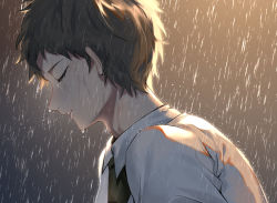 Rule 34 | 1boy, black hair, brown hair, closed eyes, closed mouth, collared shirt, commentary request, crying, danganronpa (series), danganronpa 2: goodbye despair, from side, highres, hinata hajime, male focus, necktie, open mouth, profile, rain, shirt, short hair, solo, tears, teeth, tuteurfars shin, upper body, upper teeth only, water, wet, wet clothes, wet hair, white shirt, wing collar