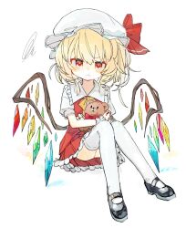 Rule 34 | 1girl, ascot, black footwear, blonde hair, crystal, flandre scarlet, full body, hat, hat ribbon, mob cap, multicolored wings, one side up, osakanadream, puffy short sleeves, puffy sleeves, red eyes, red skirt, red vest, ribbon, short sleeves, side ponytail, sitting, skirt, skirt set, solo, touhou, vest, white background, white hat, wings, yellow ascot