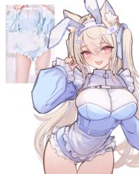 Rule 34 | 1girl, alternate costume, animal ear fluff, animal ears, apron, bandaid, bandaid hair ornament, blonde hair, blue dress, blue hair, blue ribbon, blush, breasts, cleavage, dog ears, dog girl, dress, fake animal ears, frilled dress, frills, fuwawa abyssgard, hair ornament, hair ribbon, hairpin, highres, hololive, hololive english, large breasts, maid, maid apron, multicolored hair, open mouth, photo inset, pink eyes, rabbit ears, reference inset, ribbon, shou3 2, smile, solo, streaked hair, two side up, virtual youtuber