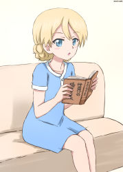 Rule 34 | 1girl, absurdres, aged down, blonde hair, blue dress, blue eyes, book, braid, commentary, couch, darjeeling (girls und panzer), dress, girls und panzer, highres, holding, holding book, looking at viewer, medium dress, omachi (slabco), on couch, one-hour drawing challenge, open mouth, short hair, short sleeves, sitting, solo, translated, twin braids, twitter username