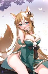Rule 34 | 1girl, absurdres, animal ears, artist request, ass, bare shoulders, blonde hair, blush, breasts, dress, fox ears, fox tail, genshin impact, gloves, green eyes, highres, hina (genshin impact), large breasts, long hair, looking at viewer, multicolored hair, naughty face, orange hair, short hair, sitting, solo, tail, tongue, tongue out, two-tone hair, very long hair, white hair