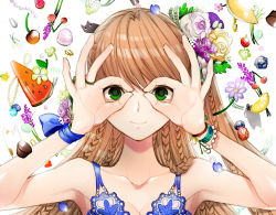 Rule 34 | 1girl, armpits, bad id, bad pixiv id, bracelet, braid, breasts, brown hair, cherry, cleavage, collarbone, flower, food, fruit, green eyes, hair flower, hair ornament, hands on own face, highres, jewelry, kimijima0301, kimijima (kimijima0301), long hair, looking at viewer, original, raspberry, ring, smile, solo, strawberry, watermelon