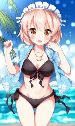 Rule 34 | 1girl, :d, bikini, black bikini, blonde hair, blue shirt, breasts, cleavage, colored eyelashes, commentary request, highres, horizon, jewelry, looking at viewer, looking back, maid headdress, medium breasts, mugetsu (touhou), navel, ocean, open clothes, open mouth, open shirt, outdoors, palm tree, pendant, ruu (tksymkw), seashell, shell, shirt, short hair, smile, solo, swimsuit, touhou, touhou (pc-98), tree, yellow eyes