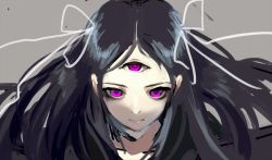 Rule 34 | 1girl, black hair, copyright request, eyelashes, grey background, long hair, shousan (hno3syo), solo, source request, third eye