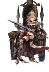 Rule 34 | 10s, 1girl, armor, armored boots, boots, breastplate, cape, chain, djeeta (granblue fantasy), gauntlets, granblue fantasy, grin, holding, holding weapon, hood, crossed legs, looking at viewer, midriff, minaba hideo, short hair, shorts, simple background, sitting, smile, solo, sword, thighhighs, third-party edit, throne, weapon