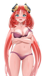Rule 34 | 1girl, absurdres, bare shoulders, blush, breasts, cleavage, collarbone, commentary, dokimaru, embarrassed, fake horns, fingernails, genshin impact, green eyes, highres, horns, large breasts, long hair, looking at viewer, nail polish, navel, nilou (genshin impact), open mouth, red hair, solo, thighs, underwear