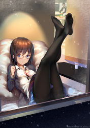 Rule 34 | 1girl, artist name, ass, bed, between breasts, black-framed eyewear, black hair, black pantyhose, black ribbon, blue eyes, book, bra, breasts, buttons, cameltoe, cleavage, cup, dress shirt, feet, floral print, glasses, highres, himitsu (hi mi tsu 2), holding, holding pen, indoors, jacket, legs up, long sleeves, looking at viewer, lying, medium breasts, neck ribbon, no shoes, on back, on bed, open book, original, pantyhose, partially unbuttoned, pen, pillow, pink bra, plaid, plaid skirt, ribbon, room, school uniform, shirt, short hair, skirt, smile, snowflakes, snowing, solo focus, steam, thighband pantyhose, trefoil, twitter username, underwear, untied, weibo watermark, white shirt, window, wing collar