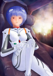 Rule 34 | 1girl, absurdres, alarmy, ayanami rei, blue hair, highres, interface headset, miche, neon genesis evangelion, plugsuit, red eyes, short hair, sitting, solo, third-party edit