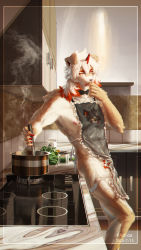 Rule 34 | 1boy, aak (arknights), absurdres, adios, animal ears, apron, arknights, bara, bare shoulders, black apron, bow, bowtie, brown fur, character print, cooking, dog boy, dog ears, foreskin, furry, furry male, highres, horns, hung (arknights), kitchen, male focus, medium hair, multicolored hair, naked apron, nipples, orange eyes, orange hair, pectorals, penis, penis peek, sidepec, single horn, solo, steam, streaked hair, thinking, toned, toned male, two-tone fur, uncensored, white fur, white hair