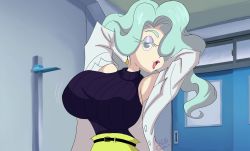 Rule 34 | 1girl, absurdres, arms behind head, bouncing breasts, breasts, derivative work, hair over one eye, highres, indoors, kuroi fuumin, lab coat, large breasts, looking at viewer, motion lines, natsuki enra, screenshot redraw, youkai watch, youkai watch jam: youkai gakuen y