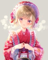 Rule 34 | 1girl, bad id, bad pixiv id, blush, brown hair, cherry blossom print, coin purse, commentary request, floral print, food, fruit, glint, grey background, highres, japanese clothes, kimono, komachi pochi, long sleeves, looking at viewer, original, own hands together, parted lips, print kimono, purple eyes, red kimono, short hair, solo, strawberry, upper body, wide sleeves