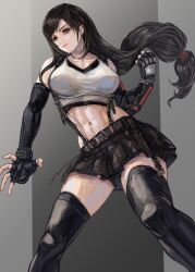 Rule 34 | 1girl, abs, bare shoulders, bike shorts under skirt, black gloves, black hair, black skirt, black thighhighs, bracelet, breasts, clenched hand, closed mouth, collarbone, commentary request, crop top, earrings, elbow gloves, feet out of frame, fighting stance, final fantasy, final fantasy vii, final fantasy vii rebirth, final fantasy vii remake, fingerless gloves, floating hair, ginkado, gloves, jewelry, large breasts, long hair, low-tied long hair, midriff, navel, open hand, partial commentary, red eyes, single arm guard, single earring, skirt, solo, suspender skirt, suspenders, swept bangs, tank top, thighhighs, tifa lockhart, toned, very long hair, white tank top