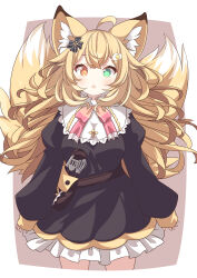 Rule 34 | 1girl, ahoge, animal ear fluff, animal ears, black dress, blonde hair, breasts, brown background, brown eyes, commission, daidai ookami, dress, egg hair ornament, food-themed hair ornament, fox ears, fox girl, fox tail, frilled dress, frills, green eyes, hair between eyes, hair ornament, heterochromia, highres, kitsune, long hair, long sleeves, looking at viewer, medium breasts, original, puffy long sleeves, puffy sleeves, skeb commission, sleeves past wrists, solo, standing, tail, two-tone background, very long hair, white background