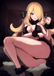 Rule 34 | 1girl, ankle cuffs, arm under breasts, ass, bed sheet, black bra, black panties, blonde hair, blush, bra, breasts, breath, cleavage, creatures (company), cynthia (pokemon), feet out of frame, fur (clothing), fur collar, fur cuffs, game freak, grey eyes, hair ornament, hair over one eye, heart, heart-shaped pupils, highres, large breasts, legs, legs together, long hair, nintendo, open mouth, panties, pillow, pokemon, pokemon dppt, raised eyebrows, sitting, skyxperish, solo, sweat, symbol-shaped pupils, thighs, underwear, underwear only, very long hair, wrist cuffs