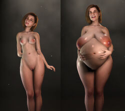 Rule 34 | 3d, absurdres, age difference, age progression, aged up, before and after, belly grab, big belly, breasts, breasts apart, brown hair, bruise, cleft of venus, completely nude, glasses, hand behind, happy, highres, huge areolae, huge nipples, injury, large areolae, large breasts, navel, nude, pregnant, pussy, realistic, sagging breasts, short hair, small breasts, smile, standing