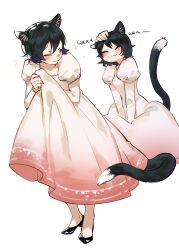 Rule 34 | 1girl, :3, = =, ^ ^, absurdres, alternate costume, animal ears, black footwear, black hair, blush, cat ears, cat tail, closed eyes, disembodied hand, dress, dungeon meshi, foolish potato, full body, gradient dress, hashtag-only commentary, headpat, high heels, highres, izutsumi, juliet sleeves, long sleeves, multiple views, photo-referenced, puffy sleeves, purring, red dress, short hair, simple background, standing, tail, white background, white dress