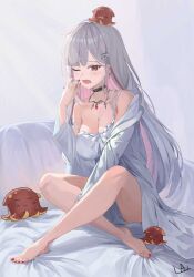 Rule 34 | 1girl, ;o, absurdres, akane lize, animal, animal on head, bare shoulders, bed sheet, black choker, blunt bangs, breasts, choker, cleavage, collarbone, colored inner hair, crossed legs, ear piercing, earrings, frilled nightgown, grey hair, hair ornament, hairclip, highres, jewelry, large breasts, long hair, long sleeves, looking at viewer, mascot, mole, mole under eye, multicolored hair, nail polish, necklace, nightgown, octopus, off shoulder, on head, one eye closed, open mouth, piercing, pink hair, red eyes, red hair, red nails, shirt, sitting, sleepy, solo, stellive, streaked hair, sugata lai, very long hair, virtual youtuber, waking up, white nightgown, white shirt, yawning