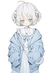 Rule 34 | 1girl, :p, aochan 1325, bag, blue choker, blue eyes, blue jacket, blue ribbon, blush, child, choker, commentary, dress, english commentary, hair ornament, hair ribbon, handbag, highres, jacket, looking at viewer, open clothes, open jacket, original, rabbit hair ornament, ribbon, ringed eyes, short hair, simple background, sleeves past fingers, sleeves past wrists, solo, tongue, tongue out, two side up, upper body, white background, white dress, white hair