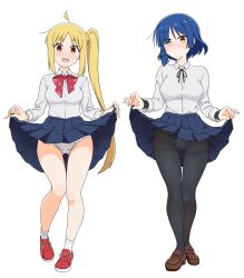 Rule 34 | 2girls, absurdres, ahoge, black pantyhose, blonde hair, blue hair, blue skirt, blush, bocchi the rock!, breasts, brown footwear, closed mouth, clothes lift, collared shirt, eyebrows hidden by hair, full-face blush, full body, gluteal fold, groin, hair over eyes, highres, ijichi nijika, lifted by self, long bangs, looking at viewer, medium breasts, multiple girls, neck ribbon, panties, panties under pantyhose, pantyhose, pleated skirt, red eyes, red footwear, ribbon, school uniform, shirt, short hair, side ponytail, simple background, skirt, skirt lift, smile, socks, thigh gap, underwear, usazirou539, white background, white panties, white shirt, white socks, yamada ryo, yellow eyes