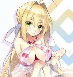 Rule 34 | 1girl, bikini, blonde hair, blush, braid, breasts, closed mouth, criss-cross halter, fate/grand order, fate (series), green eyes, hair between eyes, hair intakes, hair ribbon, halterneck, large breasts, long hair, looking at viewer, nero claudius (fate), nero claudius (fate) (all), nero claudius (swimsuit caster) (fate), nero claudius (swimsuit caster) (third ascension) (fate), red bikini, ribbon, see-through, sidelocks, smile, solo, striped bikini, striped clothes, swimsuit, upper body, white ribbon, youta