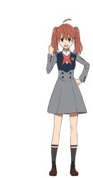 Rule 34 | 10s, 1girl, brown footwear, darling in the franxx, dress, full body, green eyes, hand on own hip, legwear garter, looking at viewer, mary janes, miku (darling in the franxx), official art, open mouth, school uniform, shoes, simple background, smile, socks, solo, standing, transparent background, twintails
