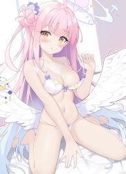 Rule 34 | 1girl, :o, absurdres, ahoge, angel wings, aqua nails, artist name, bare arms, bare legs, bare shoulders, barefoot, bikini, blue archive, blue bow, blue flower, blue hair, blue nails, blush, bow, bow bikini, bow bra, bra, bra pull, breasts, cleavage, clothes pull, collarbone, colored inner hair, commentary, crescent, feathered wings, feet, fingernails, flower, frilled ribbon, frills, full body, gradient hair, hair bun, hair flower, hair ornament, hair ribbon, hair scrunchie, halo, head tilt, heart, heart in eye, highres, holding strap, indoors, large breasts, light blue hair, long hair, looking at viewer, low wings, mika (blue archive), multi-strapped bikini bottom, multicolored hair, nail polish, navel, on bed, open mouth, pink hair, pink halo, pu ht, pulling own clothes, ribbon, scrunchie, single side bun, sitting, solo, stomach, swimsuit, symbol in eye, thighs, toenail polish, toenails, toes, two-tone hair, underwear, very long hair, wariza, white bikini, white bra, white ribbon, white wings, wing decorations, wings, yellow eyes