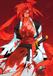 Rule 34 | 1girl, arc system works, baiken, black kimono, blood, blood on breasts, blood on clothes, blood on face, breasts, guilty gear, guilty gear x, guilty gear xx, highres, japanese clothes, katana, kimono, large breasts, long hair, maddestmao, multicolored clothes, multicolored kimono, one-eyed, ponytail, red eyes, red hair, samurai, sheath, sheathed, solo, sword, torn clothes, very long hair, weapon