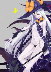 Rule 34 | 1girl, abigail williams (fate), abigail williams (third ascension) (fate), bare shoulders, black bow, black hat, black panties, bow, breasts, bug, butterfly, closed mouth, colored skin, fate/grand order, fate (series), forehead, glowing, grey background, hat, highres, idoke kaeru, insect, key, keyhole, long hair, looking at viewer, multiple bows, navel, orange bow, panties, parted bangs, red eyes, small breasts, smile, solo, staff, tentacles, thighs, third eye, underwear, white hair, white skin, witch hat