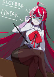 Rule 34 | 1girl, adjusting eyewear, ahoge, black skirt, bow, bowtie, closed mouth, collared shirt, colored skin, crossed legs, glasses, grey hair, heterochromia, highres, holding, holding stick, hololive, hololive indonesia, kureiji ollie, long hair, looking at viewer, lutherniel, miniskirt, multicolored hair, multicolored skin, pantyhose, patchwork skin, purple skin, red bow, red bowtie, red hair, shirt, skirt, smile, solo, stick, stitched face, stitched leg, stitches, streaked hair, teacher, two-tone hair, very long hair, virtual youtuber, white shirt, white skin, wing collar