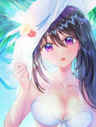 Rule 34 | 1girl, absurdres, bikini, black hair, breasts, day, flower, hand on headwear, hat, hat flower, hat ribbon, hat tug, head tilt, highres, large breasts, long hair, looking at viewer, mizunozumi, open mouth, original, outdoors, purple eyes, ribbon, side ponytail, sky, sparkle, sun hat, swimsuit, upper body