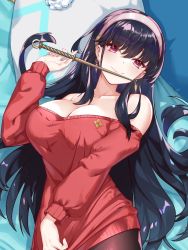 Rule 34 | 1girl, bare shoulders, black hair, black pantyhose, blush, breasts, chinese commentary, cleavage, closed mouth, collarbone, cowboy shot, dagger, dakimakura (medium), earrings, from above, hairband, holding, holding dagger, holding knife, holding weapon, jewelry, knife, large breasts, long hair, long sleeves, looking at viewer, lying, misheng liu yin, off-shoulder sweater, off shoulder, on back, pantyhose, red eyes, red sweater, smile, solo, spy x family, sweater, weapon, white hairband, yor briar