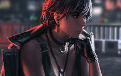 Rule 34 | 1girl, bare shoulders, black choker, black eyes, black gloves, black hair, black jacket, blurry, blurry background, choker, closed mouth, collarbone, commentary, depth of field, gloves, guweiz, hand up, highres, jacket, jacket on shoulders, looking away, original, solo, symbol-only commentary, upper body